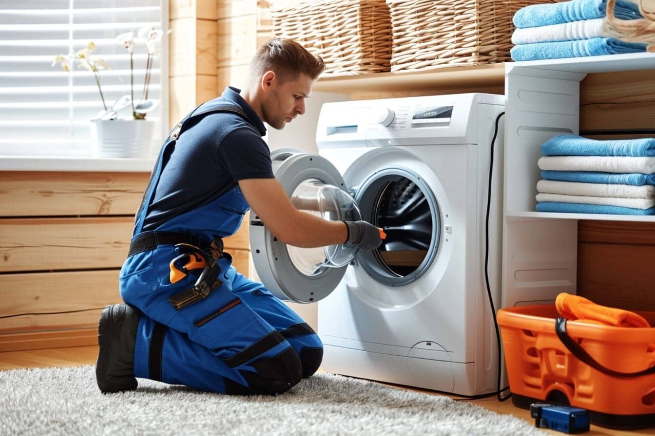 An appliance repair technician fixing a washing machine in Winnipeg