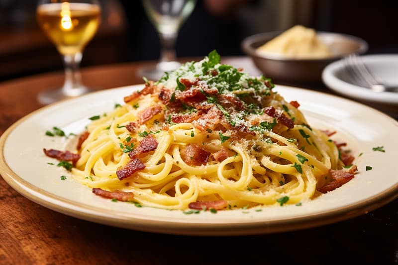 A dish of spaghetti carbonara, with crispy pancetta - Winnipeg best Italian restaurants